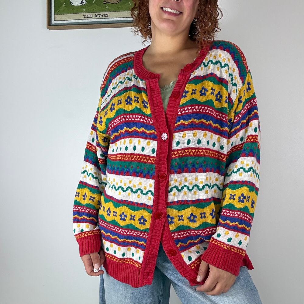Vintage Karen Scott II colorful whimsical dopamine sweater cardigan 2X